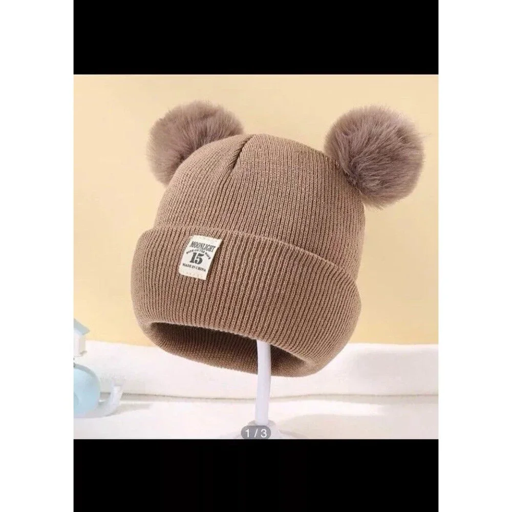 Babys Cute Warm Winter Double PomPom Hat Fur Knit Beanie Gift Boys Girls Toddler